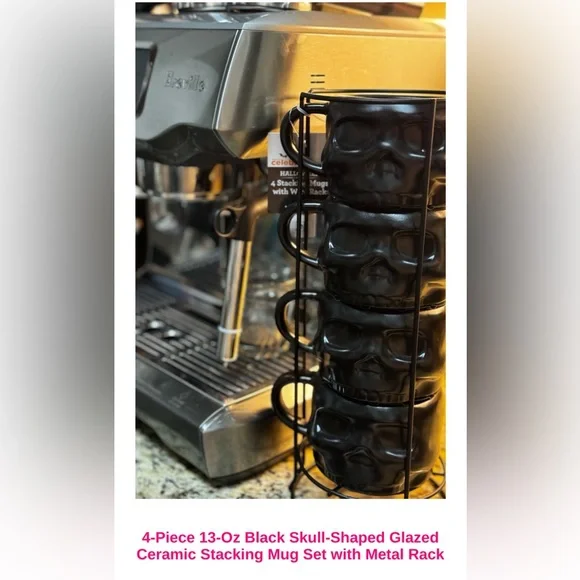 Black Skull-Shaped Ceramic Stacking Mug Set with Metal Rack. - Picture 5 of 5